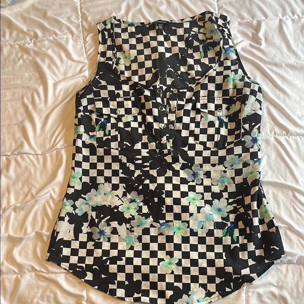 Le Chateau Black and White Asymmetrical Graphic Tank Top